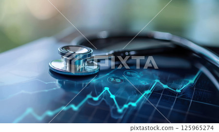 Stethoscope on digital graph showing rising healthcare costs and trends 125965274