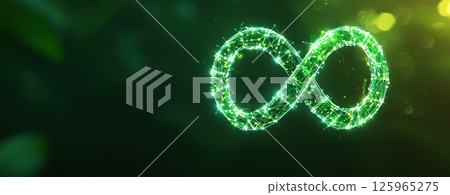 Stylized infinity symbol glowing with green lights and sparkles 125965275