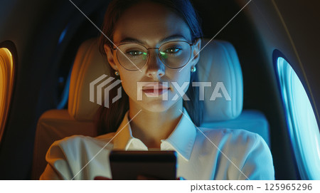 Smart businesswoman checking stock data on smartphone while traveling 125965296
