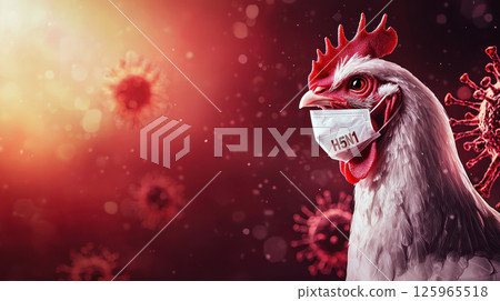 chicken wearing protective mask labeled H5N1 against red background with virus particles, symbolizing spread of avian influenza 125965518