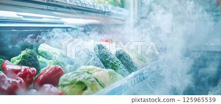 Fresh vegetables in freezer with fog, showcasing frozen food preservation technology 125965539