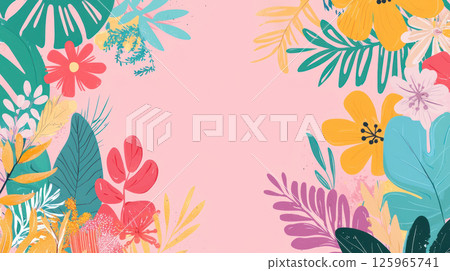 Bright summer floral background with colorful leaves and flowers 125965741