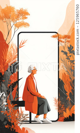 elderly woman sits peacefully on bench surrounded by vibrant orange foliage, evoking sense of calm and healthcare awareness 125965760