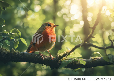 vibrant bird perched branch peaceful forest, surrounded by lush greenery and soft sunlight, evokes sense of happiness and vibrant bird perched branch peaceful forest, surrounded by lush greenery and soft sunlight, evokes sense of happiness and 125965774