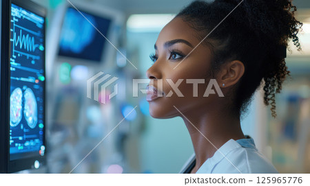 Medical professional analyzing patient data on digital display with focus and determination 125965776