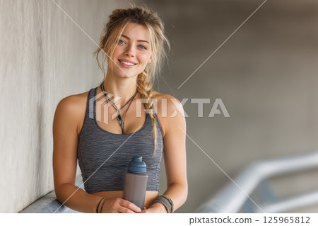 smiling woman in fitness attire holding water bottle, standing against neutral background, exuding confidence and health 125965812