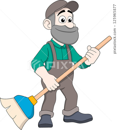 Old Male Worker Carrying a Broom Cartoon Vector Old Male Worker Carrying a Broom Cartoon Vector 125965877