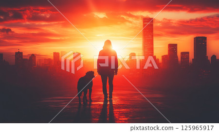 silhouette of person walking with guide dog against vibrant sunset skyline, evoking sense of companionship and tranquility 125965917