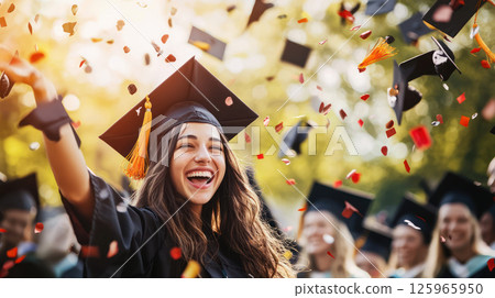 Celebrating graduation with pride, happiness, and laughter in academic setting 125965950