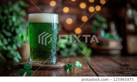 Green beer in pint glass for St. Patrick Day celebration, surrounded by clovers and cozy pub atmosphere Green beer in pint glass for St. Patrick Day celebration, surrounded by clovers and cozy pub atmosphere 125965975