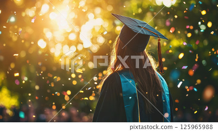 graduate celebrates their achievement surrounded by colorful confetti and warm sunlight, embodying joy and accomplishment graduate celebrates their achievement surrounded by colorful confetti and warm sunlight, embodying joy and accomplishment 125965988