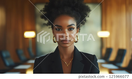 Confident young black woman with natural hair wearing black blazer and gold jewelry in modern boardroom setting 125966077