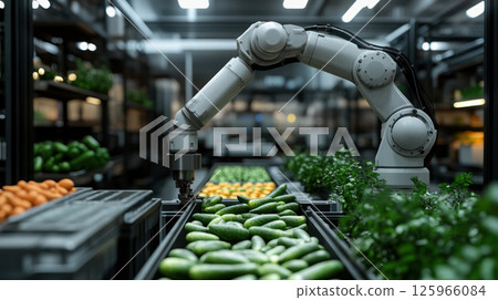 Automated robotic arm sorting fresh cucumbers and carrots into bins in modern warehouse with efficient industrial lighting and organized produce Automated robotic arm sorting fresh cucumbers and carrots into bins in modern warehouse with efficient industrial lighting and organized produce 125966084