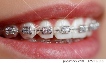 A close-up of braces on the teeth. 125966148