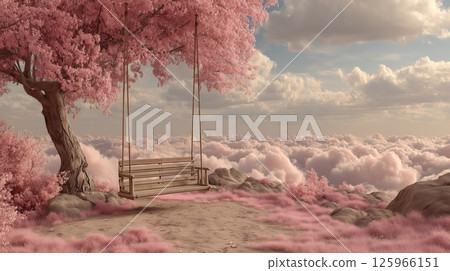 A simple wooden swing hanging from a fluffy, pastel-colored cloud. A simple wooden swing hanging from a fluffy, pastel-colored cloud. 125966151