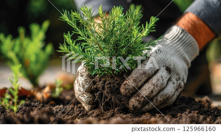 Closeup hands squeezing the soil of a newly planted small tree.  125966160