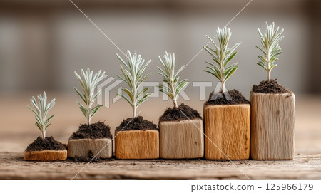 Seedlings growing along a rising bar graph made of soil.  125966179