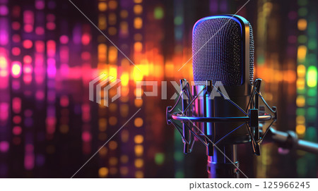 Microphone with vibrant soundwave design for podcast creation and voiceover work 125966245