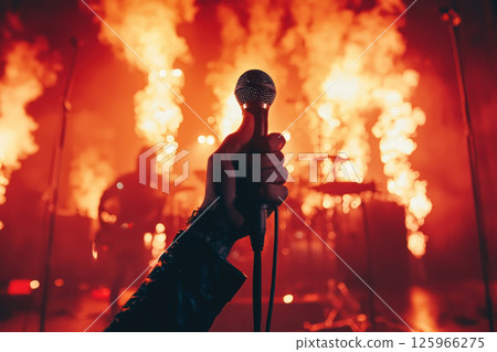 hand holding microphone with fiery concert background, evoking energy and passion 125966275