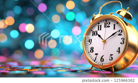 golden alarm clock stands against colorful bokeh background, symbolizing countdown to special moment 125966302