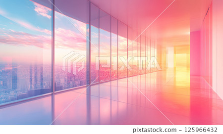 modern workspace with large glass windows showcasing vibrant sunset view. colorful reflections create serene and inspiring atmosphere, perfect for creativity 125966432