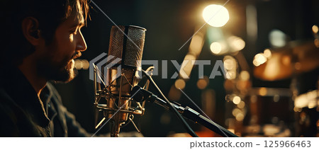 Musician recording music at home with microphone and instruments, expressing creative flow 125966463