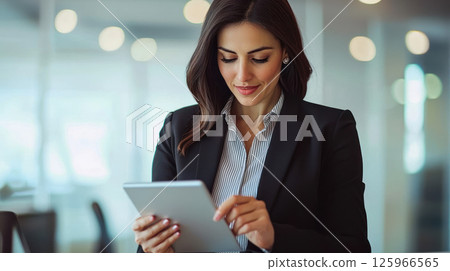Arab businesswoman analyzing financial data on tablet in contemporary workspace, showcasing focus and professionalism 125966565