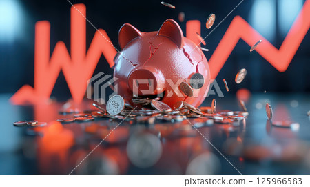 shattered piggy bank with coins spilling out, surrounded by rising red graphs and downward arrows, symbolizes financial crisis shattered piggy bank with coins spilling out, surrounded by rising red graphs and downward arrows, symbolizes financial crisis 125966583