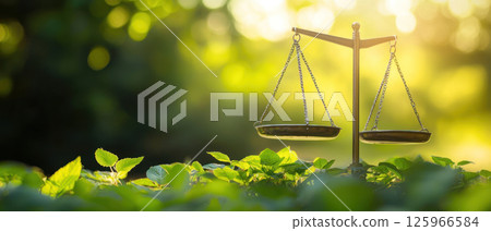 balanced scale representing carbon footprint and offset strategies ESG context, symbolizing environmental measurement and balanced scale representing carbon footprint and offset strategies ESG context, symbolizing environmental measurement and 125966584
