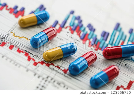 Financial projections for drug development with colorful capsules 125966730