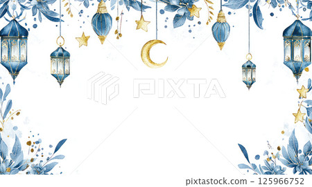 serene white background adorned with blue lanterns, crescent moon, and star motifs, perfect for Ramadan celebrations 125966752