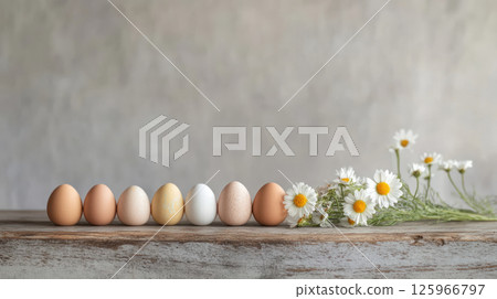 Fresh eggs arranged on rustic wooden table with daisies Fresh eggs arranged on rustic wooden table with daisies 125966797