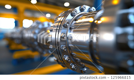 Close up of refinery valve showcasing intricate metal details and industrial design 125966815