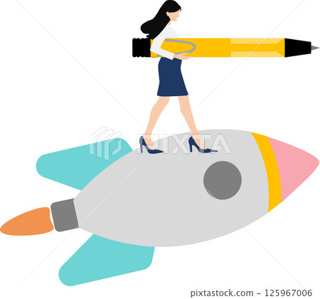 一位女商人乘坐火箭的插圖 125967006