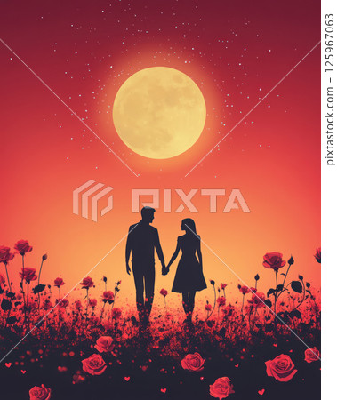 couple holds hands under glowing full moon surrounded by roses, creating romantic scene 125967063