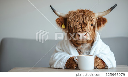 cute highland cow in white bathrobe enjoys cup of steaming coffee, radiating warmth and comfort 125967079