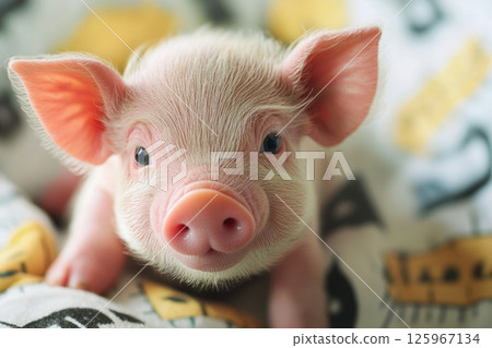 Cute piglet with soft pink skin and expressive eyes, resting on patterned fabric 125967134