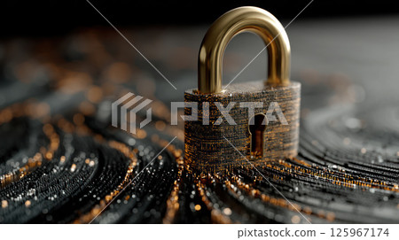 secure padlock stands prominently against backdrop of dynamic waves, symbolizing protection and encryption in digital world 125967174