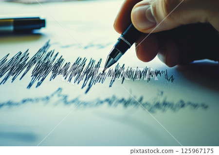 Hand drawing soundwave, conceptualizing voiceover artistry, planning podcast episode, capturing impactful speech 125967175