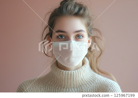 Neutral portrait with mask, basic clothing, light background, showcasing calm expression and natural beauty Neutral portrait with mask, basic clothing, light background, showcasing calm expression and natural beauty 125967199