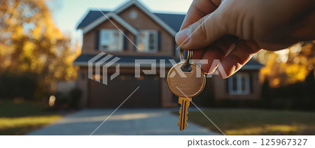 Happy homeowner holding keys to new house, celebrating new beginnings 125967327