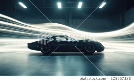 Dynamic silhouette of wind tunnel tested automotive model rotating under spotlights, sleek coupe, futuristic, dramatic lighting 125967328