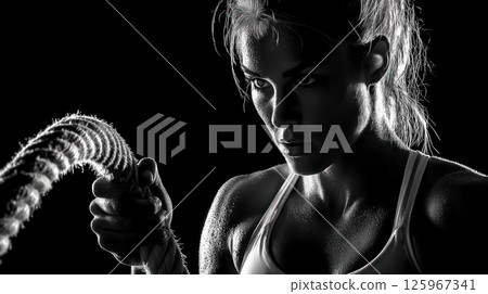 determined woman in fitness setting grips battle rope, her intense focus highlighted by dramatic lighting and sweat 125967341
