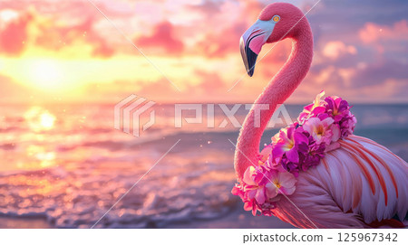 flamingo adorned with floral lei stands gracefully by shore at sunset, creating serene and vibrant scene 125967342