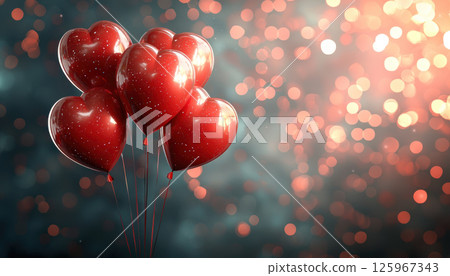 Heart shaped red balloons on festive background create cheerful atmosphere. Perfect for celebrations 125967343