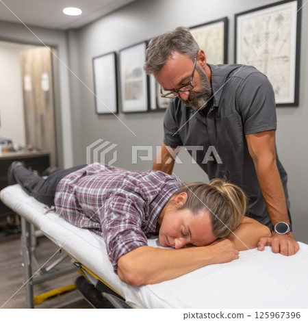 chiropractor adjusting patient on white therapy table in bright and professional clinic setting 125967396