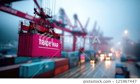 red shipping container labeled TRADE WAR is being lifted by crane in busy port, symbolizing tensions between USA and China red shipping container labeled TRADE WAR is being lifted by crane in busy port, symbolizing tensions between USA and China 125967447