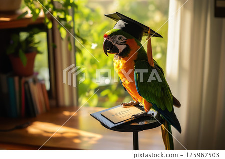 parrot perched on stand wears graduation cap and holds diploma, creating cheerful atmosphere in cozy indoor setting 125967503
