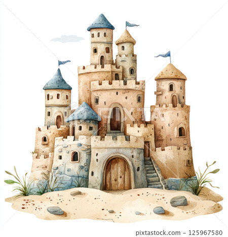 charming watercolor sandcastle with blue and beige towers, surrounded by sand and small plants, evokes whimsical seaside vibe charming watercolor sandcastle with blue and beige towers, surrounded by sand and small plants, evokes whimsical seaside vibe 125967580