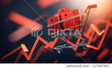 E commerce growth graph with shopping cart and red boxes symbolizes marketplace expansion and targeted advertising 125967663